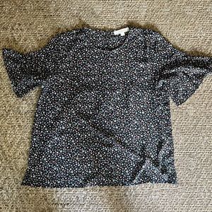 LOFT Ditsy Floral Short Sleeve Blouse - Black with Blue, Pink, Red, Green Accent